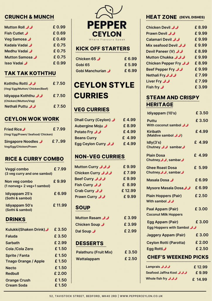 Pepper Ceylon Menu