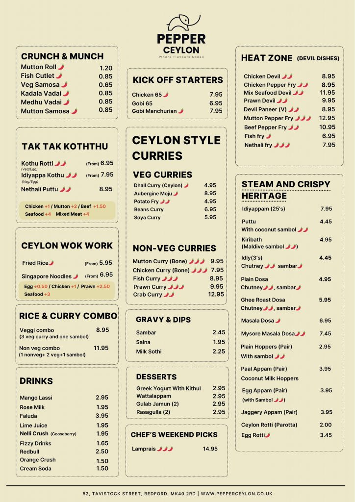 pepper Ceylon Bedford Menu